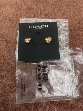 COACH Gold Heart Pave Stud Earrings with Multicolor Crystals